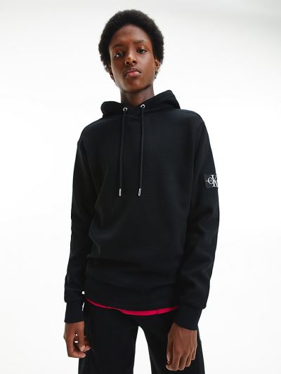 Calvin Klein Ruhák HU526910 | Calvin Klein Waffle Knit Badge Férfi Kapucnis Pulóver Fekete